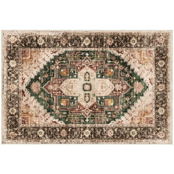 4'x6' Washable Area Rugs for Living Room,Traditional Vintage Thin Rugs,Non-Slip Persian Carpet,Brown Green