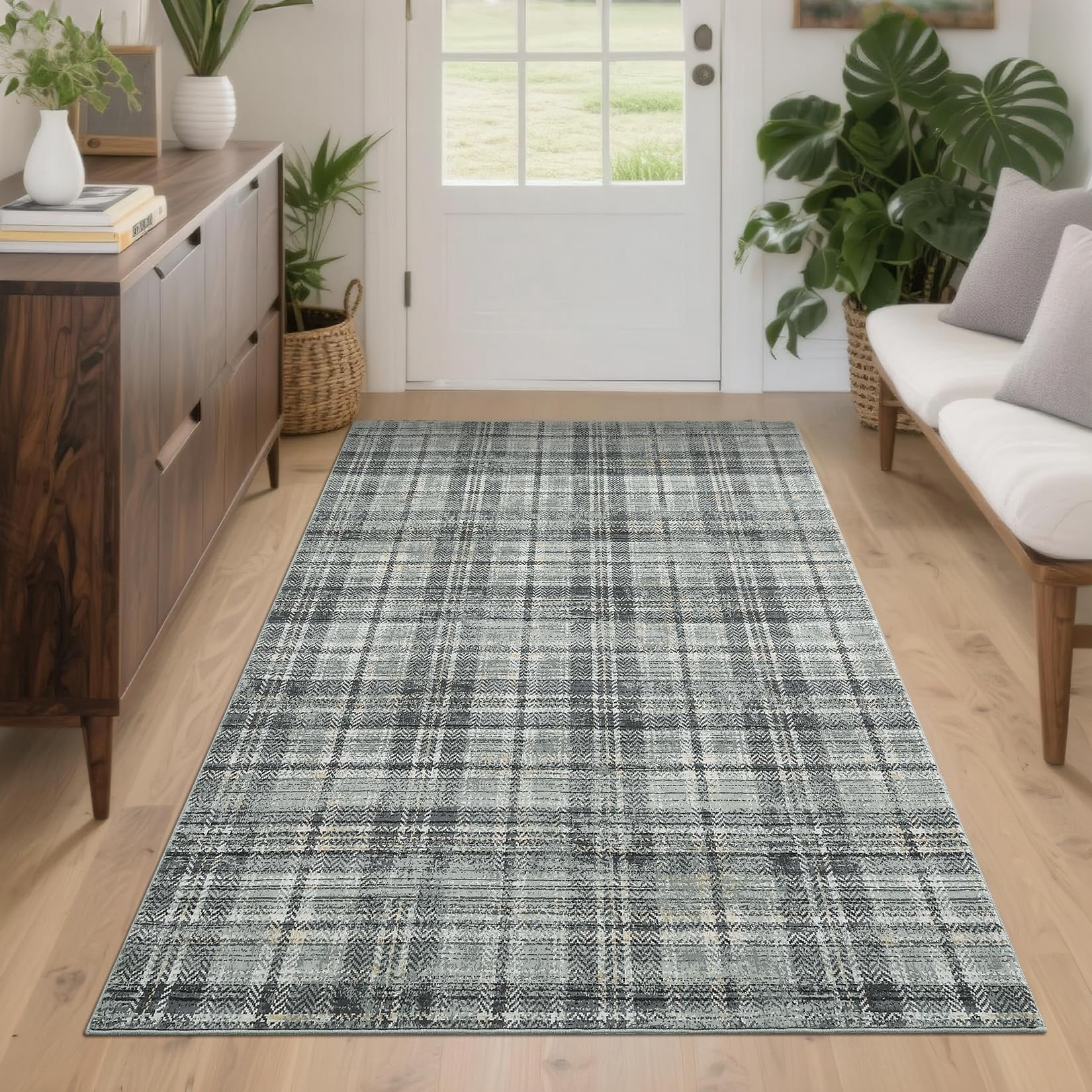 4'x6' Washable Tartan Plaid Area Rug, Non Slip Non Shedding Stain Resistant Soft Pearl Velvet Indoor Rug, Luxury Plaid Floor Mat for Living Room Bedroom Nursery Office, Green
