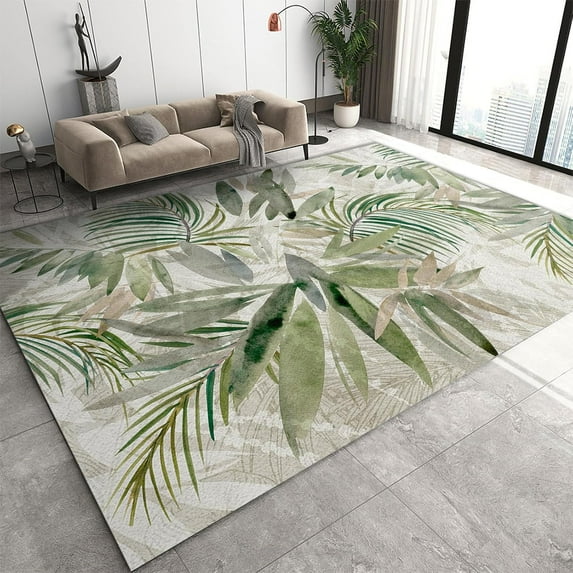 4'x8' Rug Non Slip Retro Tropical Green Plants Small Entryway Mats, Machine Washable Watercolor Palm Tree Leaf Area Rug, Throw Rugs Carpet for Front Door Bedroom Bedside