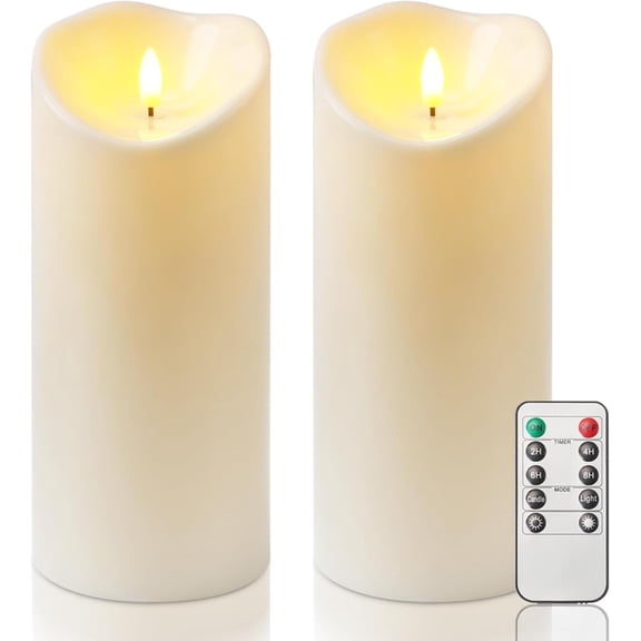 4"x9" Outdoor Waterproof Flameless Candles with Timers and Remote Control, Battery Operated Candles, LED Plastic Candles, Ivory White, Set of 2