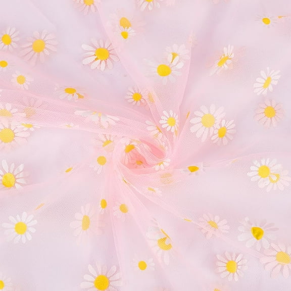 4 yards Daisy Flower Print Fabric 59inch Wide Pink Polyester Tulle Lace Ribbon DIY