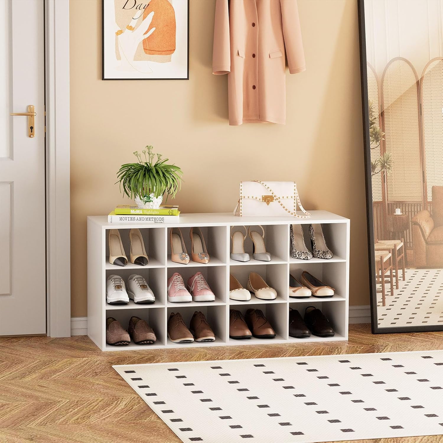 4 you Shoe Storage Bench, Cubby Shoe Rack with 12 Cubbies, 3-Tier Wood ...
