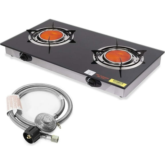 40,000 BTU 2 Burner Propane Gas Range Stove Cooktop Ceramic Infrared Auto Ignition Outdoor Grill BBQ Camping Stoves Countertop LPG