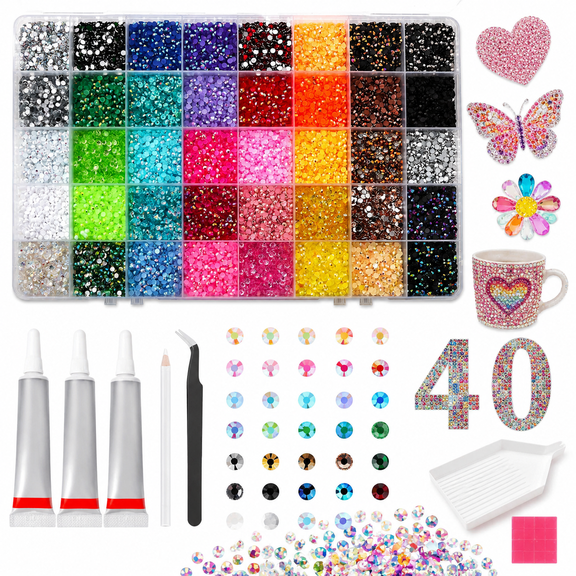 40,000 Pieces Bedazzling Kit, 40 Colors 3mm Jelly AB Resin Rhinestones with 4 B7000 Glues & Complete DIY Tool Kit for Tumblers, Nails, Shoes, Phone Cases & Crafts