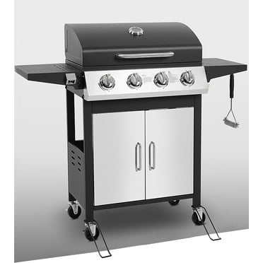 40,000BTU Grill w/Brush, 4-Burner Propane Gas Grill Stainless Steel, Outdoor Camping BBQ Grill on Wheels Portable for Patio Poolside RV