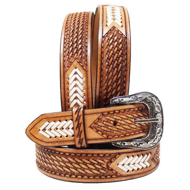 Men's Two-Tone Rawhide Stitch Tooled Leather Belt