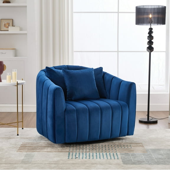 40.1"W Upholstered Oversized 360 Swivel Accent Barrel Chair and Half Cozy Sofa with 3 Pillows, Velvet Channel Tufted Pumpkin-Shape Club Armchair for Living Room, Bedroom, Office, Lounge,N
