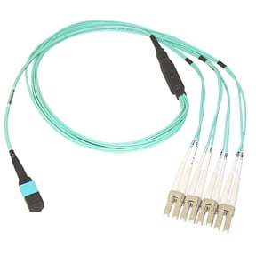 40/100 Gb MTP to 4 Duplex LC Breakout Cable, OM4 50/125, Plenum Rated - Aqua Blue, 6.6 FT (2 Meters)