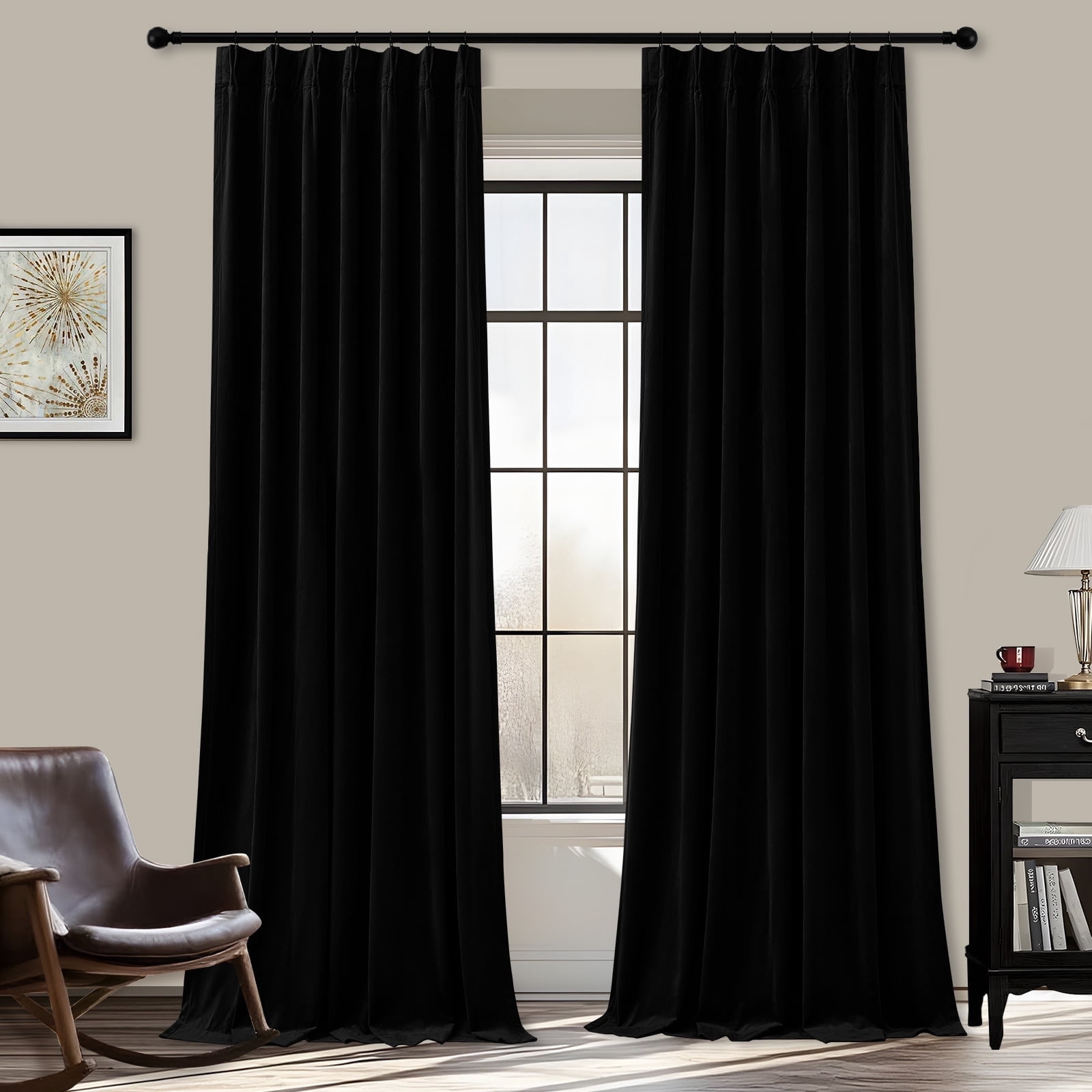 Galenzoov 40*102 inch 2 Panels Pinch Pleated Velvet Curtains for Home, Blackout Heat Blocking Window Curtains with Hooks for Bedroom,Living room,Office,Black