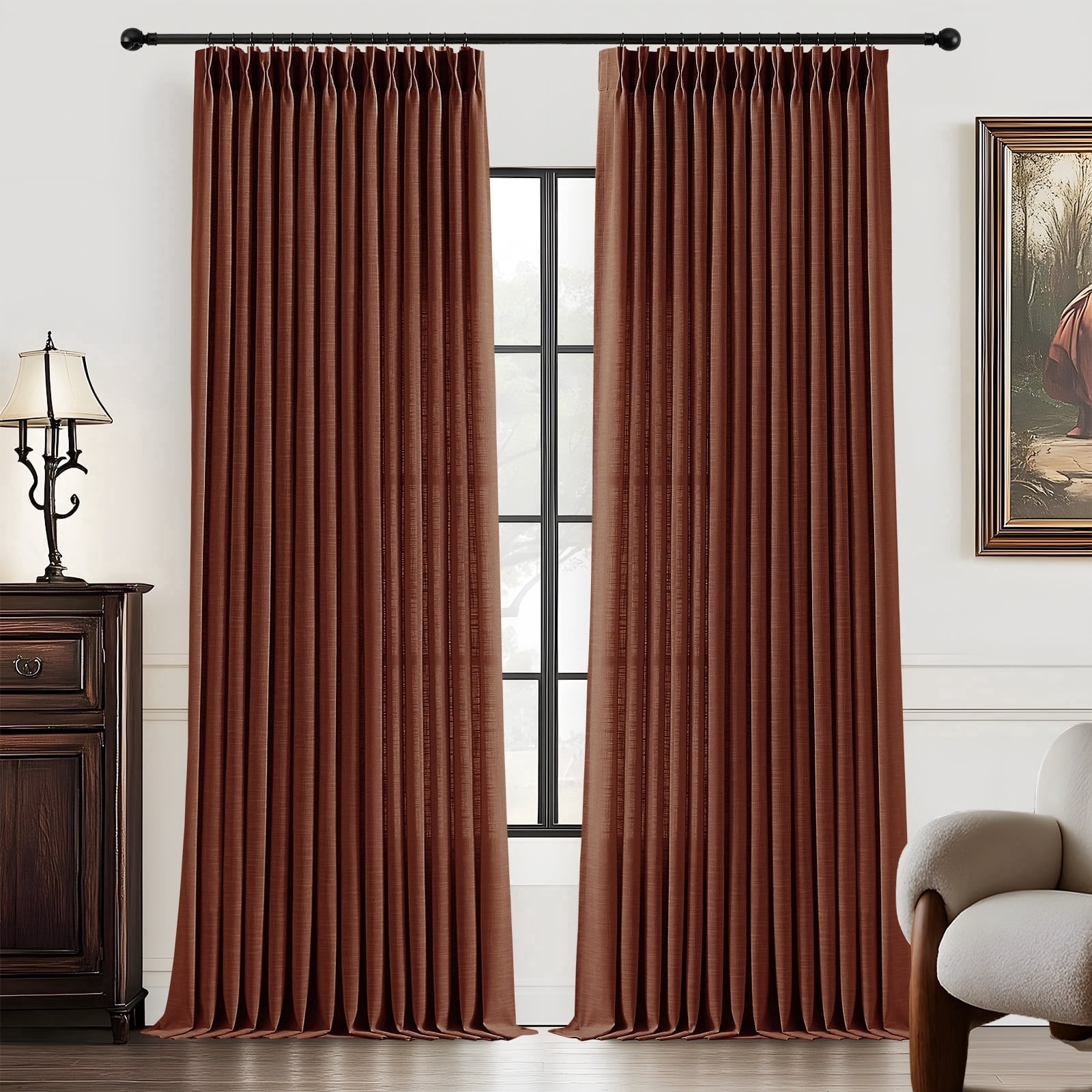 Galenzoov 40×108 inch 2 Panels Pinch Pleated Linen Curtains for Home, Light Filtering Airy & Privacy Protection Breathable Window Drapes for Bedroom, Living room, Office, Chestnut Brown