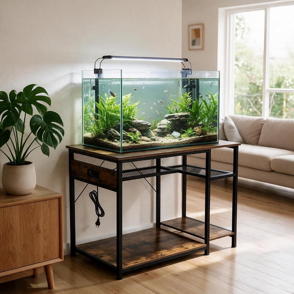 40-120 Gallon Reptile Tank Stand with Power Outlet & Storage Shelf, 4x2x2 Heavy Duty Terrarium Enclosure Table for Bearded Dragon, Snakes, Lizards