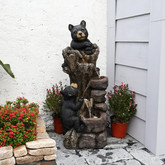 40.16" H 5 Tier Outdoor Fountain Black Bears Climbing Tree Garden Water Fountain Outdoor Water Feature Resin for Farmhouse Patio Yard Deck Home Lawn Porch House Relaxation Exterior Balcony