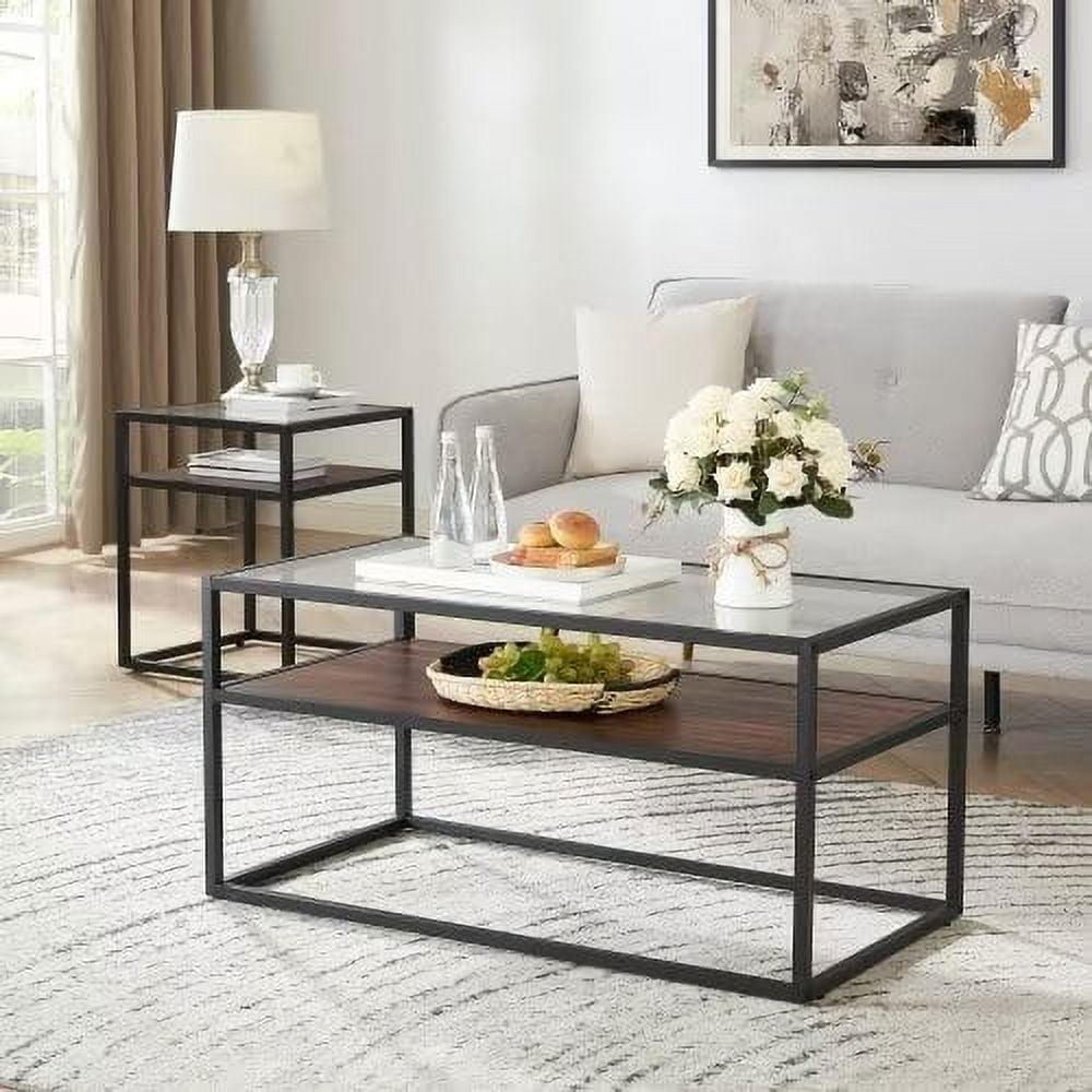 40.16" Retro Style Coffee Table with Tempered Glass Top, 2 Tier