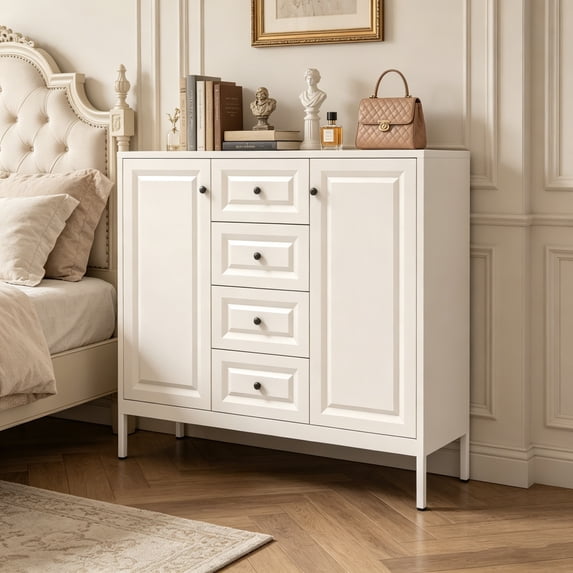 40.16'' Steel Storage Sideboard Buffet Cabinet, Freestanding Accent Cabinet with 4 Drawers & 2 Doors, Adjustable Shelves Console Cabinet for Living Room, Kitchen, Entryway, Hallway(Beige)