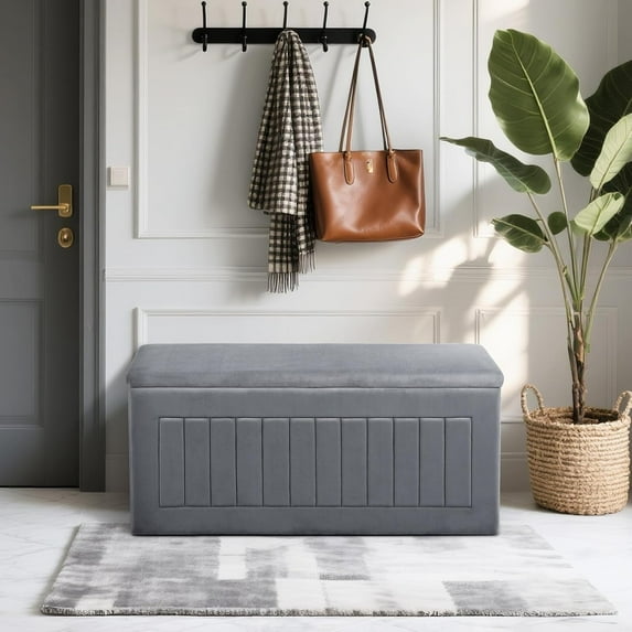 40.2" Bedroom Storage Bench, Channel Tufted Velvet Upholstered Rectangle Ottoman, Window Bench with Removable Lid, Large Storage Chest for Living Room, Entryway, Grey
