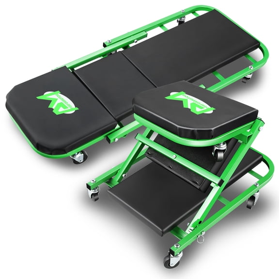 40" 2-in-1 Rolling Garage Mechanic Folding Z-Creeper Car Seat Stool Chair Green