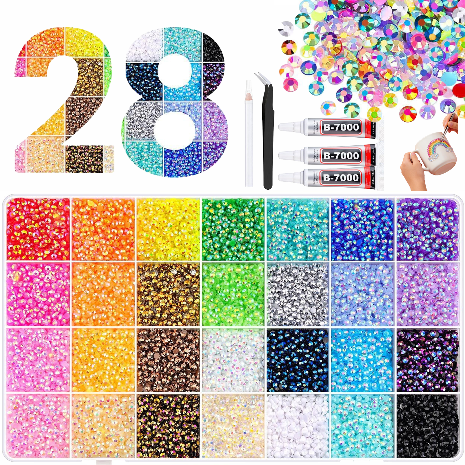 40/28/24 Compartments Resin Jelly Rhinestones，3mm, Strong Adhesion, 3 ...
