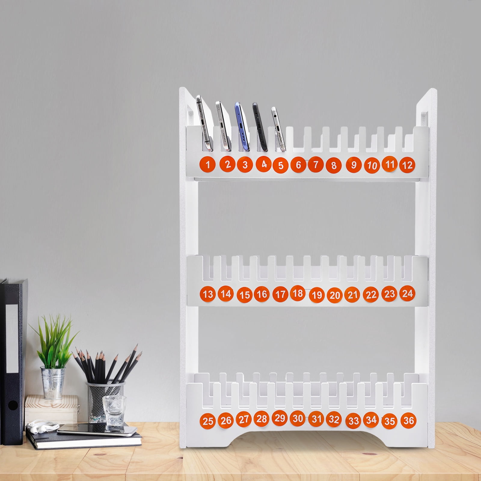 40.3*18.5*56.5cm 36 Slots Cell Phone Holder Classroom Storage Rectangular PVC Cell Phone Stand Rack with Curved Shape