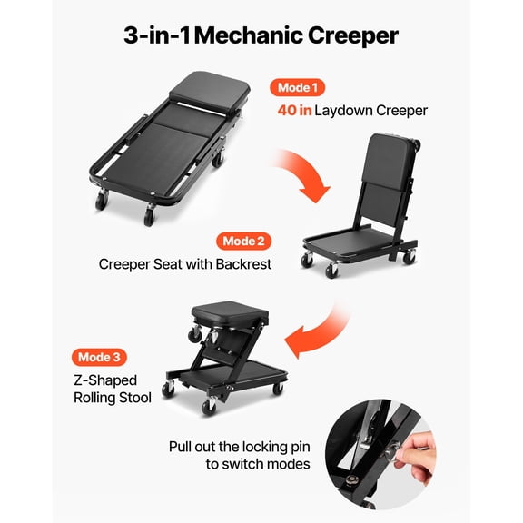 40 in 3-in-1 Folding Mechanic Creeper, Heavy Duty Z-Creeper Garage Roller, 480 lbs Under Car Rolling Creeper with 6 Swivel Casters, Padded Seat for Auto Repair