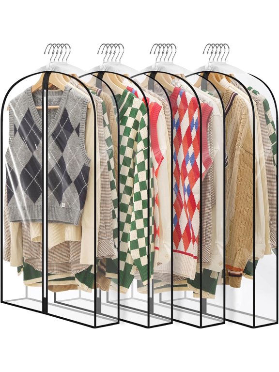 40" All Clear Garment Bags for Hanging Clothes, 4" Gusseted Suit Bags for Closet Storage, Plastic Garment Covers with Zipper for Coats, Jackets, Shirts, 4 Packs