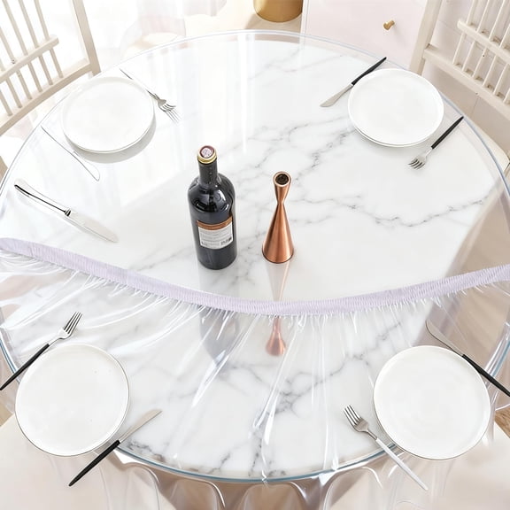 40-44 in Round Clear Table Cover Protector, KUAOOAUK Elastic PVC Round Plastic Tablecloth, Round Vinyl Table Cover Table Protector Durable Reusable Transparent Wipeable Use in Outdoor/Indoor