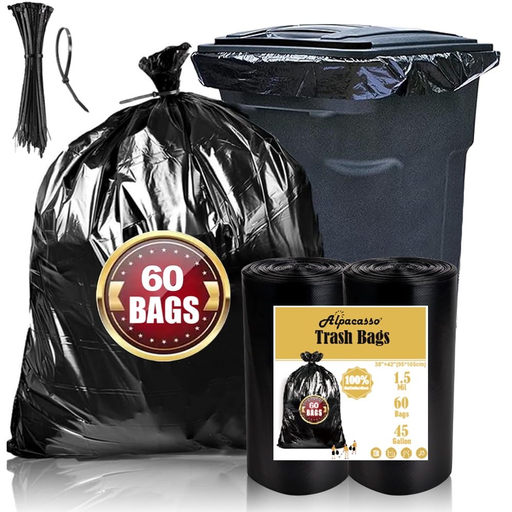 40-45 Gallon Trash Bags, 1.5Mil, Black Heavy Duty 