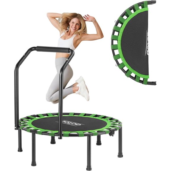 40/48" Fitness Trampoline for Adult, Max Load 450 LBS, Foldable Mini Trampoline with Durable Bungees,Small Rebounder Exercise Trampoline with Bar for Workout for Quiet & Safely Cushioned Bounce
