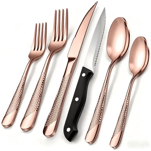 40/48 Pcs Hammered Stainless Steel Flatware Set for 8, Mirror Polished, Dishwasher Safe