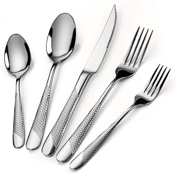40/48 Pcs Hammered Stainless Steel Flatware Set for 8, Mirror Polished, Dishwasher Safe