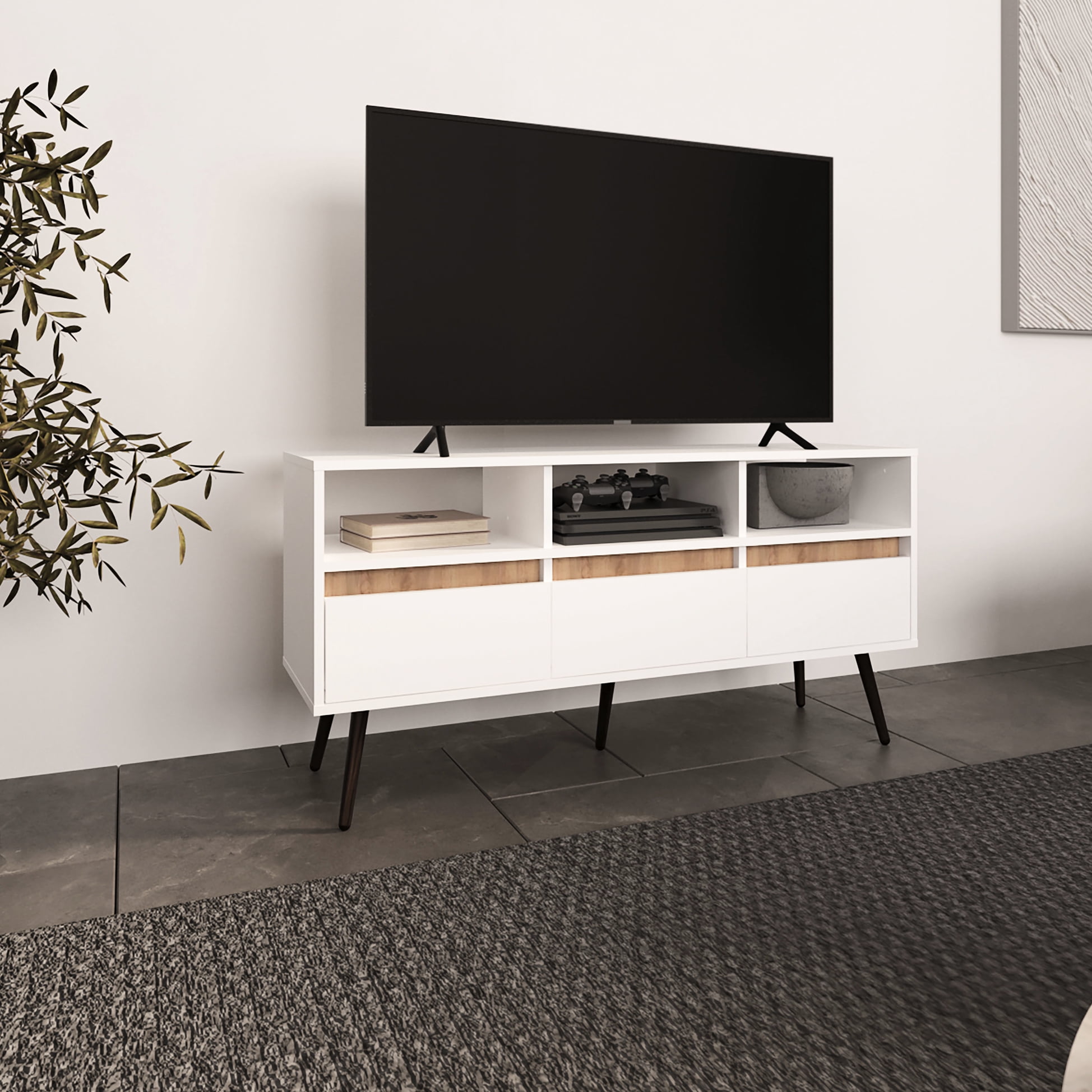 40 - 49 Inch Tvs' Matched Tv Stand In White/natural Oak With 3 Drawers ...