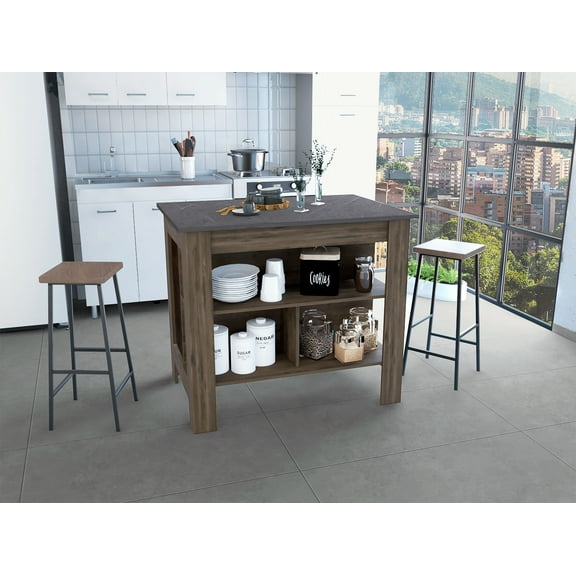 40.5" Dark Brown Kitchen Island Table with 3 Open Shelves - Spacious Meal Prep Station, Sturdy Particle Board, 35.4" Height, Perfect for Home Kitchens & Dining Areas