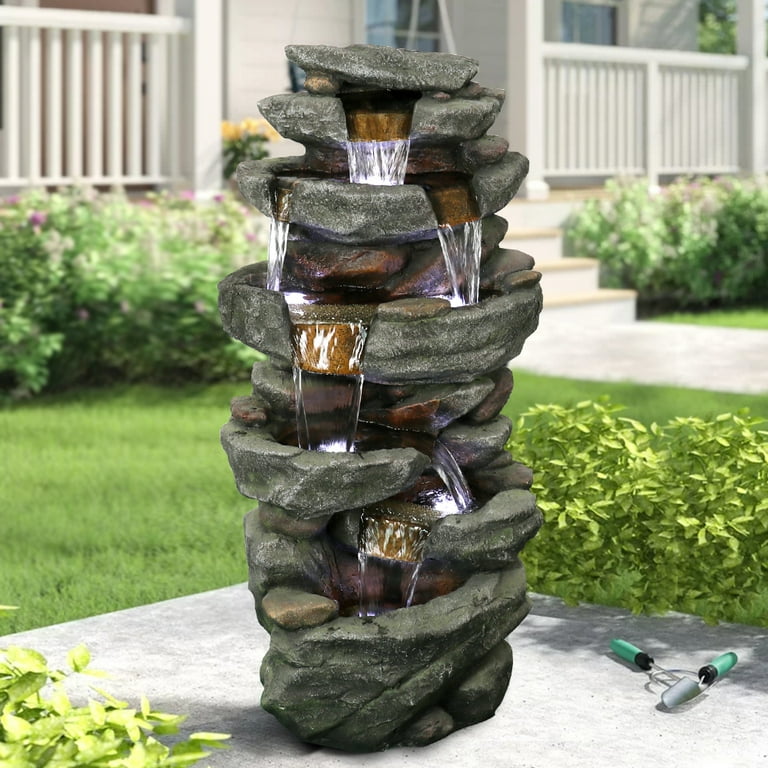 40.5 High Rocks Outdoor Water Fountain - 6-Tiers Cascading Waterfall with LED  Lights, Soothing Tranquility for Home Garden, Yard Decor 
