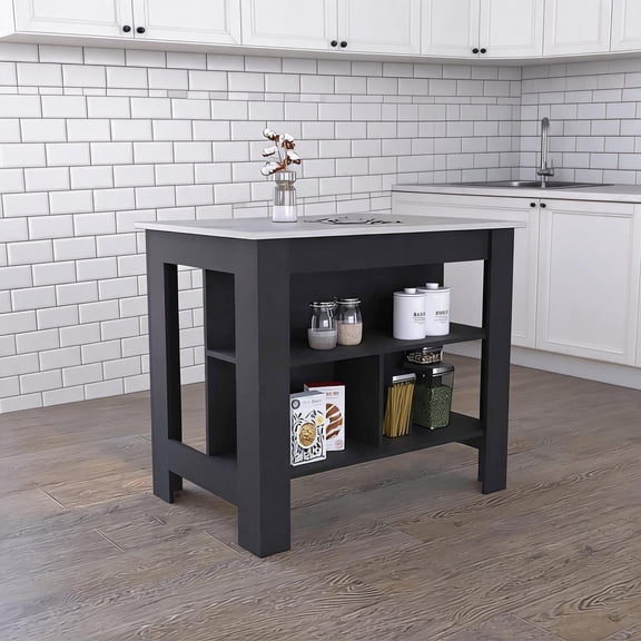 40.5-Inch Wide Kitchen Storage Island with Spacious Marble Top and Three Open Shelves