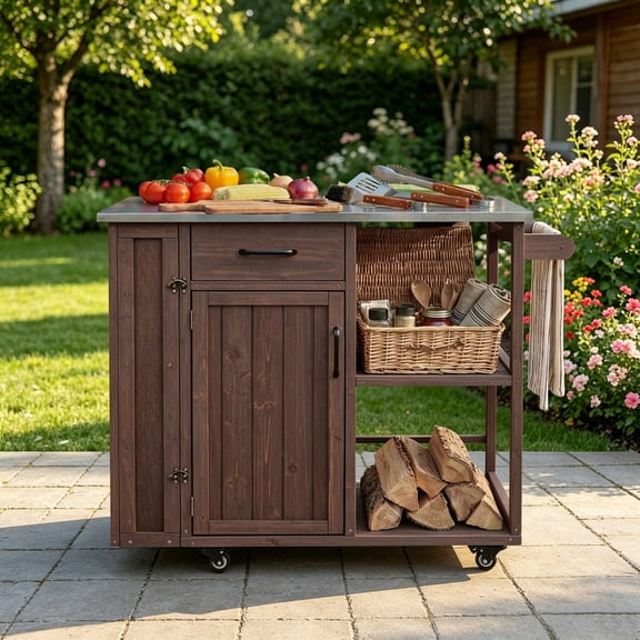 40.5‘’ Outdoor Kitchen Island with Stainless Top, Towel and Spice Racks for Patio and Outdoor,