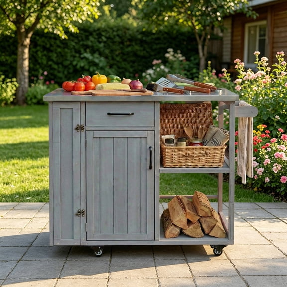40.5‘’ Outdoor Kitchen Island with Stainless Top, Towel and Spice Racks for Patio and Outdoor,