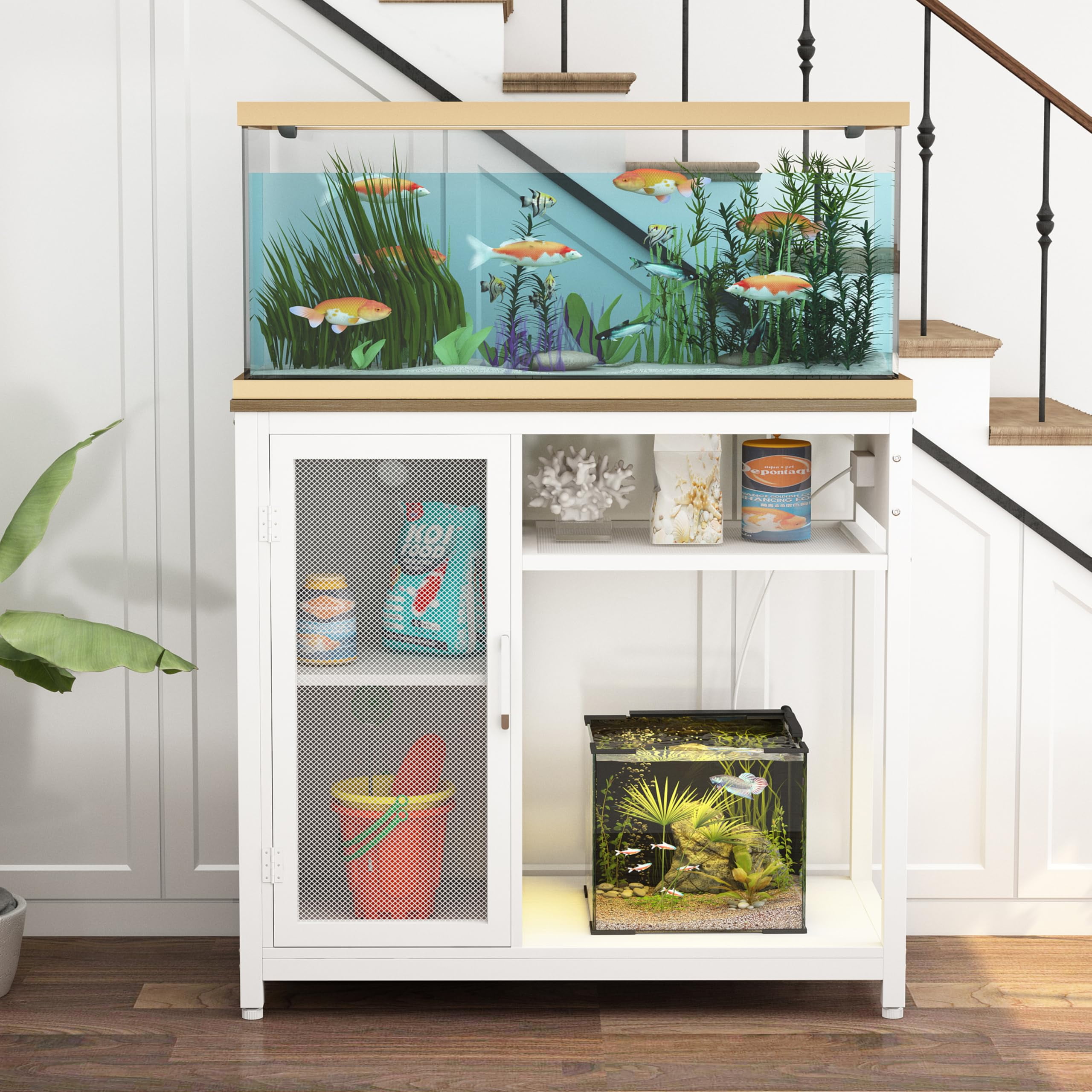 White Heavy Duty Metal Aquarium Stand with Storage Cabinet and LED Light