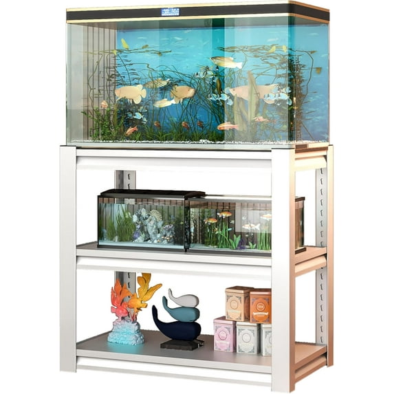 40-50 Gallon Fish Tank Stand, Metal Aquarium Stand, Adjustable Heavy Duty Reptile Tank Stand, Adjustable 3-Tier Fish Tank Rack Shelf for Home Office, Tank Not Included, 31.5 "L x 18 "W x 34"H - White