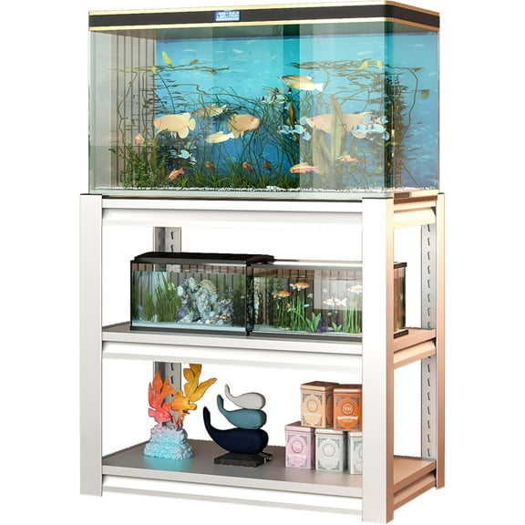 40-50 Gallon Fish Tank Stand, Metal Aquarium Stand, Adjustable Heavy Duty Reptile Tank Stand, Adjustable 3-Tier Fish Tank Rack Shelf for Home Office, Tank Not Included, 31.5 "L x 18 "W x 34"H - White