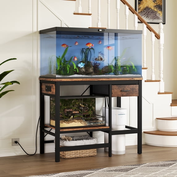 40-50 Gallon Fish Tank Stand with Power Outlet, Aquarium Stand with 3-Tier Adjustable Storage Shelves, Fish Stand with Storage Drawers, 36.6"*18.9" Tabletop (Brown)