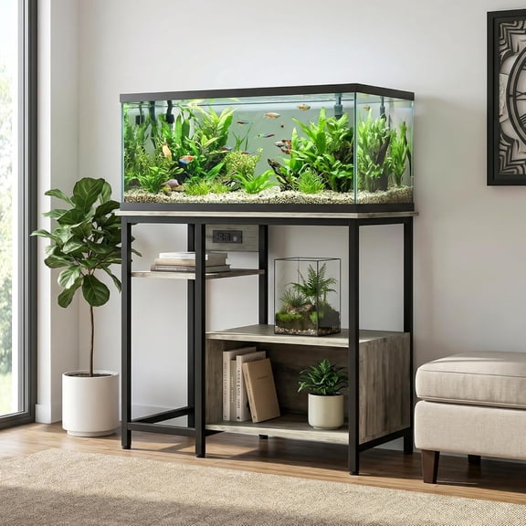 40-50 Gallon Fish Tank Stand with Power Outlets, Heavy Duty Metal and Wood Aquarium Stand with 4-Tier Open Storage Shelves, for Fish Tank, Turtle & Reptile Terrarium, 36.6" × 18.9" × 30.7"