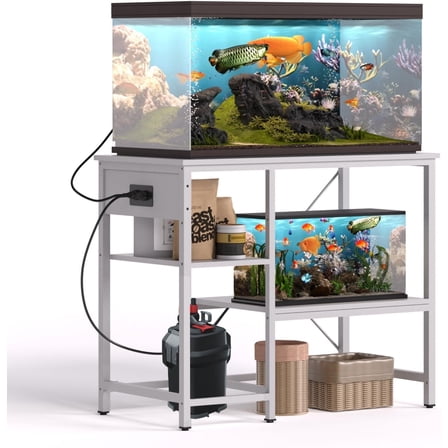 40-50 Gallon Fish Tank Stand with Power Outlet & LED Light, Metal Aquarium Stand with 3 Tier Adjustable Storage Shelves, 36"*18.5" , White