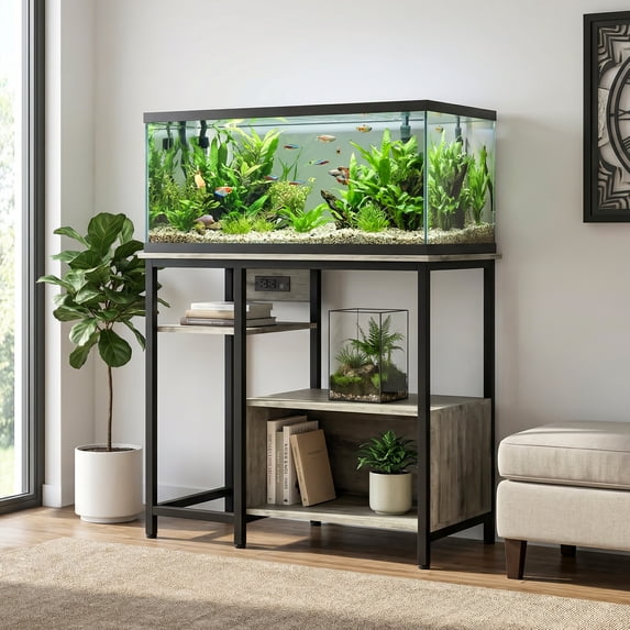 40-50 Gallon Fish Tank Stand with Power Outlets, Heavy-Duty Metal & Wood Aquarium Stand with 4-Tier Open Storage Shelves, Grey/Brown/Black
