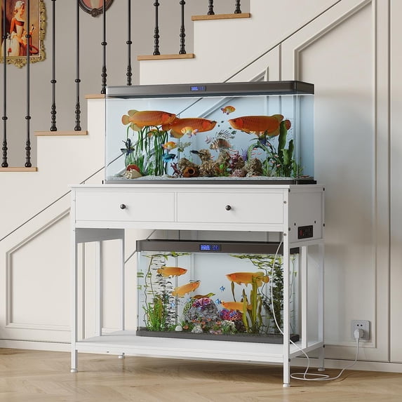 40-50 Gallon Heavy Duty Aquarium Stand with Power Outlet Double Fish Reptile Tank Storage Table 2 Drawers Metal Frame Adjustable Feet 660 lbs Capacity for Living Room Black/White