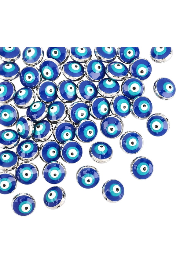 40~50 Pcs Beads 10mm Flat Round Blue Eye Beads Handmade Enamel Beads for Bracelets Necklace Jewelry Making Hole: 1.2mm