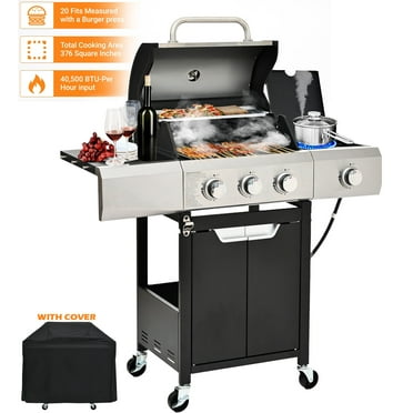 40,500BTU Powerful Grill with Cover, Propane Gas Grill Stainless Steel for Outdoor Camping BBQ Grill on Wheels Portable for Patio Poolside RV