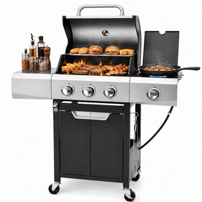Seizeen 40,500 BTU Propane Gas Grill with Side Burner, Stainless Steel 3 Burner Barbecue Grill Portable on Wheels, with Bottle Opener, for Camping Patio Outdoor Cooking
