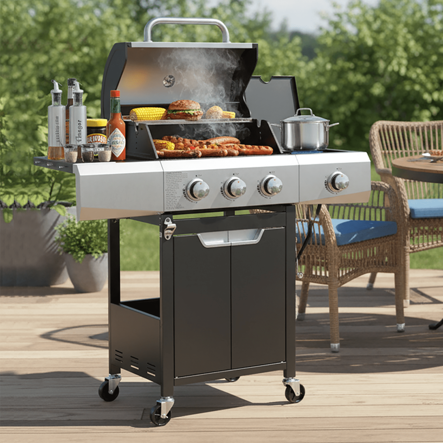 Seizeen 40,500 BTU Propane Gas Grill with Side Burner, Stainless Steel  3 Burner  Barbecue Grill Portable on Wheels, with Bottle Opener, for Camping Patio Outdoor Cooking