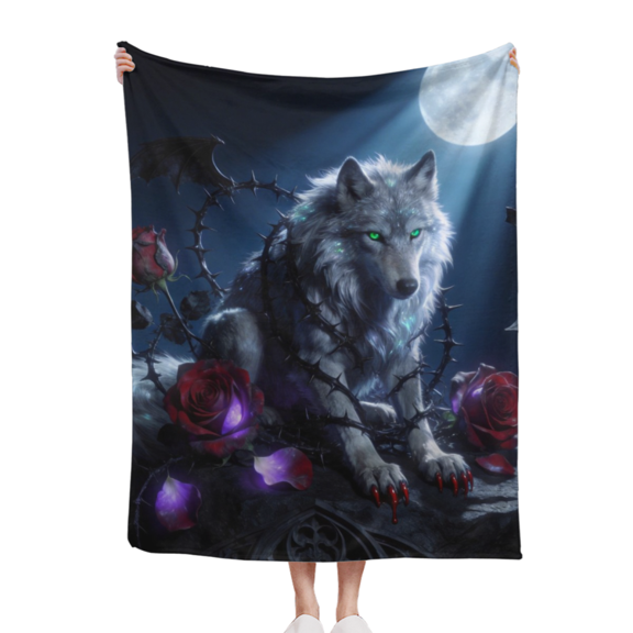 40*50Moonlit Night Grey Wolf with Glowing Green Eyes and Red Roses Flannel Throw Blanket - Mystical Design for Sofa, Bed, and Meditation Space