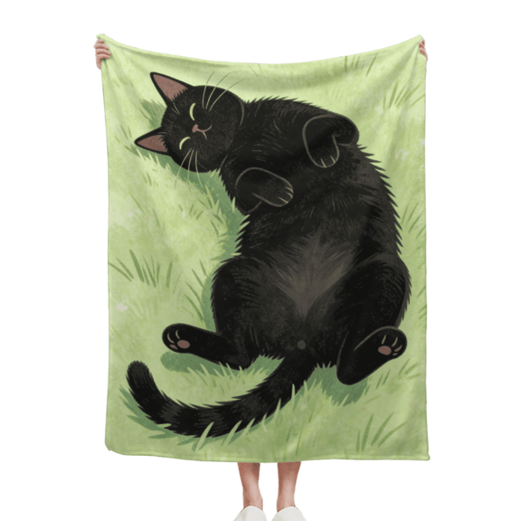 40*50Whimsical Black Cat Napping on Grass Flannel Blanket - Plush Fleece Throw for Sofa, Bed, and Home Decor