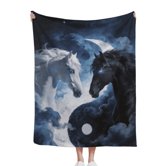 40*50Yin Yang White and Black Horses with Blue Eyes Flannel Throw Blanket - Mystical Celestial Moon and Clouds Cozy Blanket